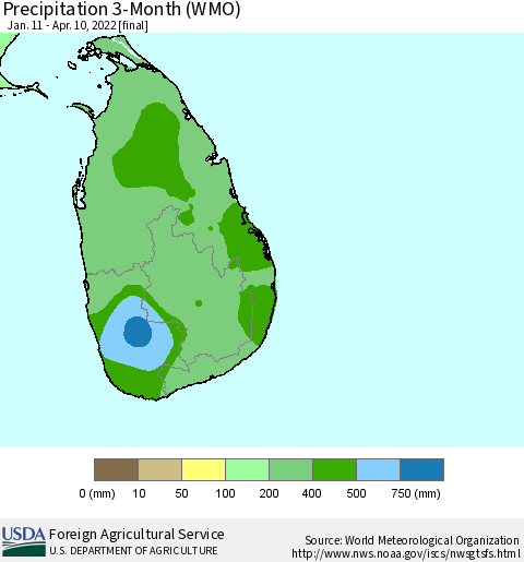 Sri Lanka Precipitation 3-Month (WMO) Thematic Map For 1/11/2022 - 4/10/2022