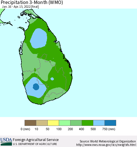 Sri Lanka Precipitation 3-Month (WMO) Thematic Map For 1/16/2022 - 4/15/2022