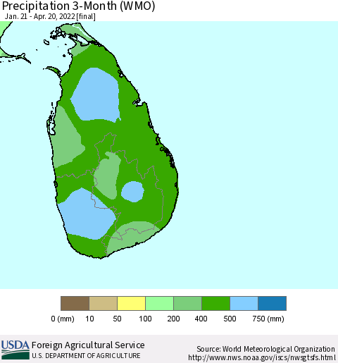 Sri Lanka Precipitation 3-Month (WMO) Thematic Map For 1/21/2022 - 4/20/2022