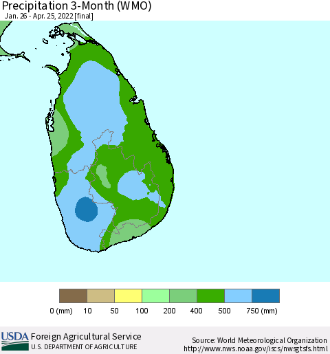Sri Lanka Precipitation 3-Month (WMO) Thematic Map For 1/26/2022 - 4/25/2022