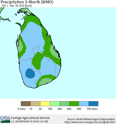Sri Lanka Precipitation 3-Month (WMO) Thematic Map For 2/1/2022 - 4/30/2022