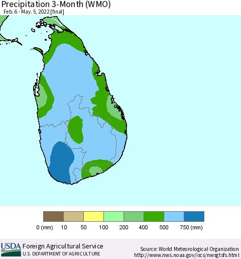Sri Lanka Precipitation 3-Month (WMO) Thematic Map For 2/6/2022 - 5/5/2022