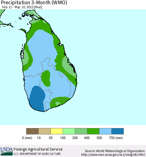 Sri Lanka Precipitation 3-Month (WMO) Thematic Map For 2/11/2022 - 5/10/2022