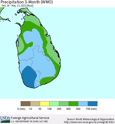 Sri Lanka Precipitation 3-Month (WMO) Thematic Map For 2/16/2022 - 5/15/2022
