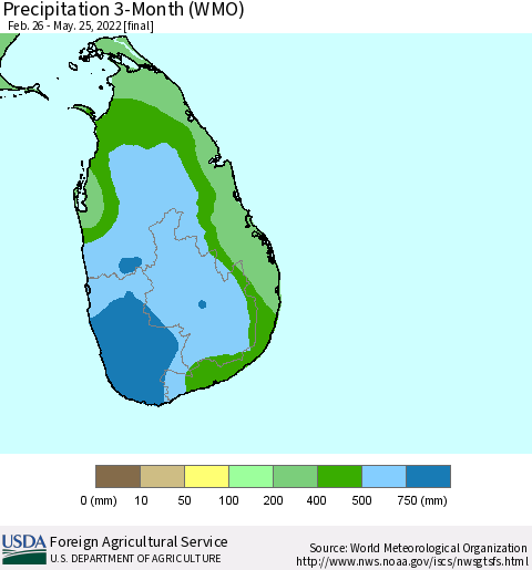 Sri Lanka Precipitation 3-Month (WMO) Thematic Map For 2/26/2022 - 5/25/2022