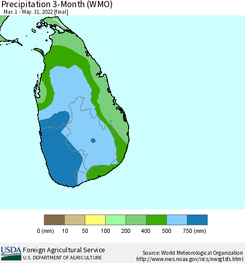 Sri Lanka Precipitation 3-Month (WMO) Thematic Map For 3/1/2022 - 5/31/2022