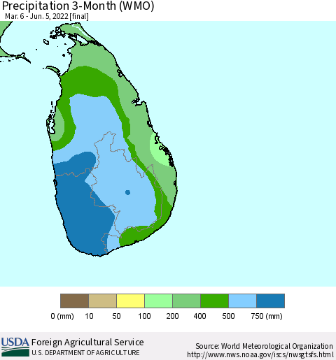 Sri Lanka Precipitation 3-Month (WMO) Thematic Map For 3/6/2022 - 6/5/2022