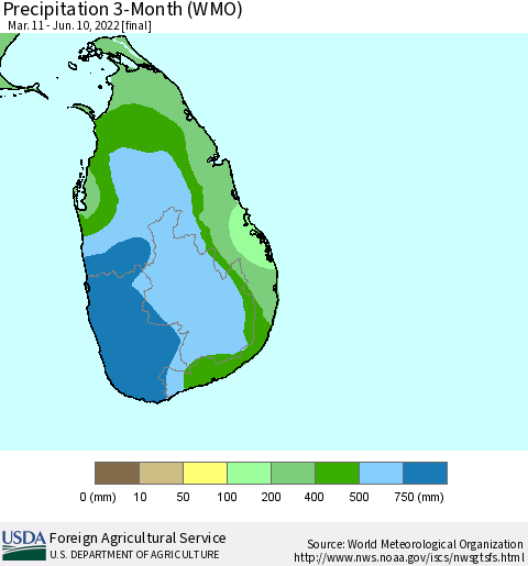 Sri Lanka Precipitation 3-Month (WMO) Thematic Map For 3/11/2022 - 6/10/2022