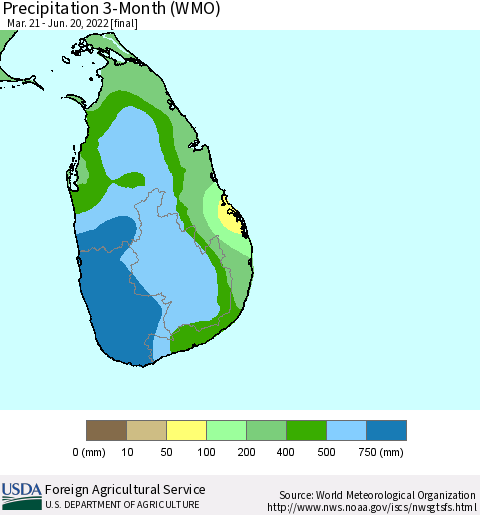 Sri Lanka Precipitation 3-Month (WMO) Thematic Map For 3/21/2022 - 6/20/2022