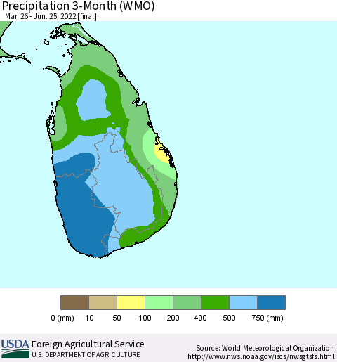 Sri Lanka Precipitation 3-Month (WMO) Thematic Map For 3/26/2022 - 6/25/2022