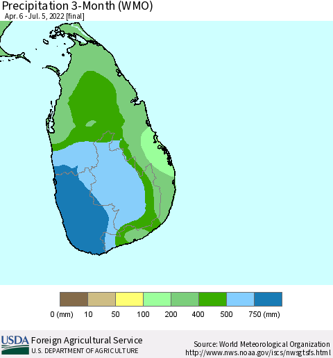 Sri Lanka Precipitation 3-Month (WMO) Thematic Map For 4/6/2022 - 7/5/2022