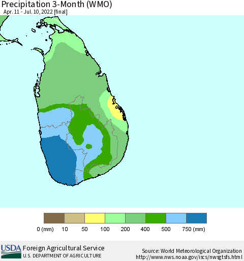 Sri Lanka Precipitation 3-Month (WMO) Thematic Map For 4/11/2022 - 7/10/2022