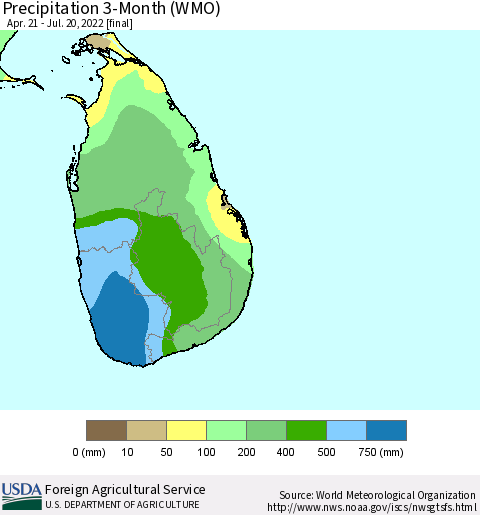 Sri Lanka Precipitation 3-Month (WMO) Thematic Map For 4/21/2022 - 7/20/2022