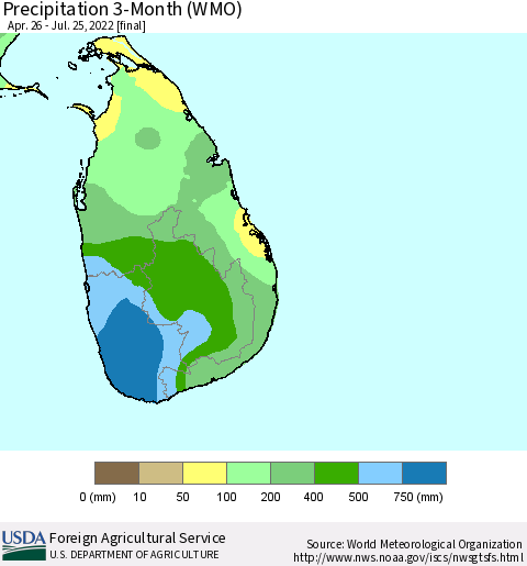 Sri Lanka Precipitation 3-Month (WMO) Thematic Map For 4/26/2022 - 7/25/2022