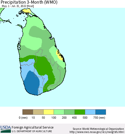 Sri Lanka Precipitation 3-Month (WMO) Thematic Map For 5/1/2022 - 7/31/2022