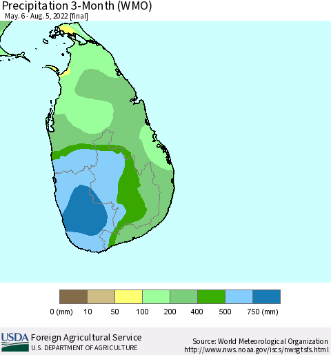 Sri Lanka Precipitation 3-Month (WMO) Thematic Map For 5/6/2022 - 8/5/2022