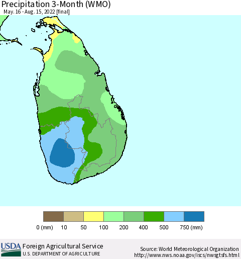 Sri Lanka Precipitation 3-Month (WMO) Thematic Map For 5/16/2022 - 8/15/2022