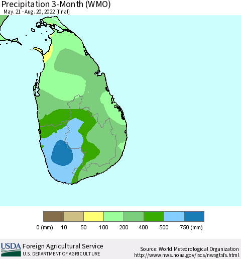 Sri Lanka Precipitation 3-Month (WMO) Thematic Map For 5/21/2022 - 8/20/2022
