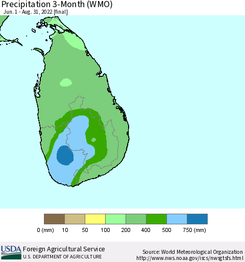 Sri Lanka Precipitation 3-Month (WMO) Thematic Map For 6/1/2022 - 8/31/2022