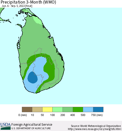 Sri Lanka Precipitation 3-Month (WMO) Thematic Map For 6/6/2022 - 9/5/2022