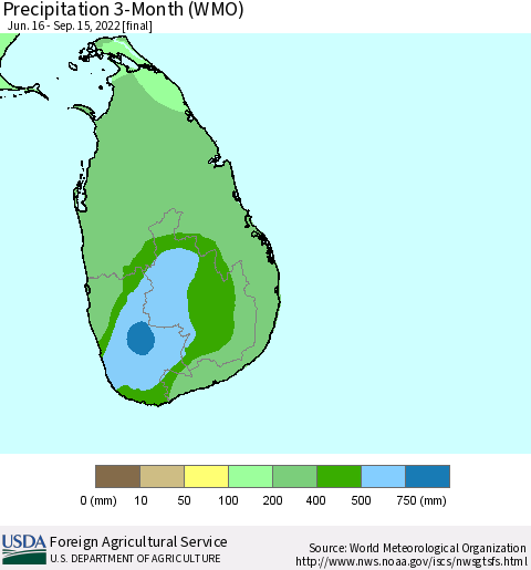 Sri Lanka Precipitation 3-Month (WMO) Thematic Map For 6/16/2022 - 9/15/2022