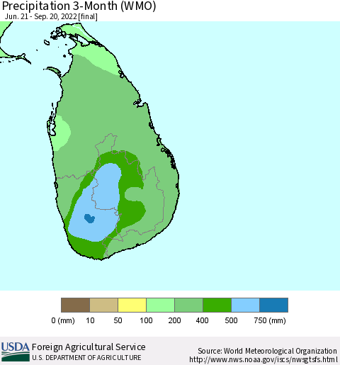Sri Lanka Precipitation 3-Month (WMO) Thematic Map For 6/21/2022 - 9/20/2022