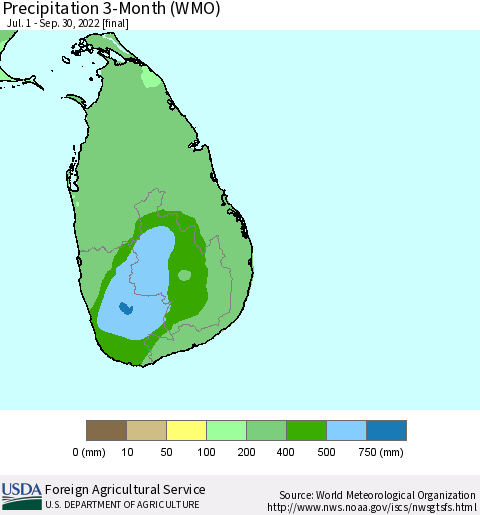 Sri Lanka Precipitation 3-Month (WMO) Thematic Map For 7/1/2022 - 9/30/2022