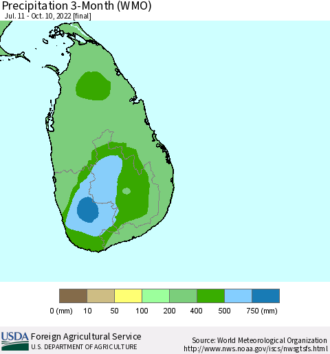 Sri Lanka Precipitation 3-Month (WMO) Thematic Map For 7/11/2022 - 10/10/2022