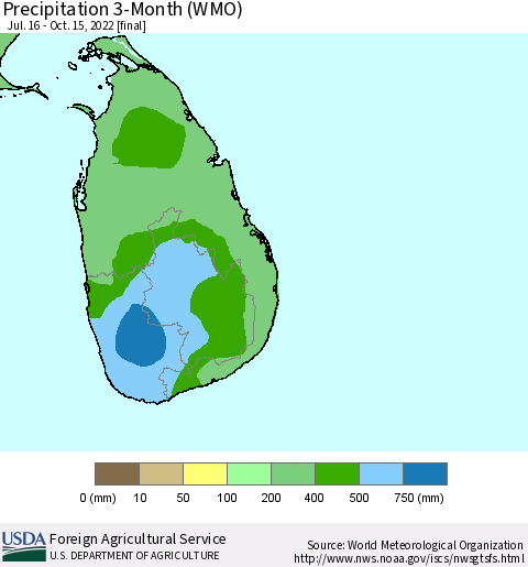Sri Lanka Precipitation 3-Month (WMO) Thematic Map For 7/16/2022 - 10/15/2022