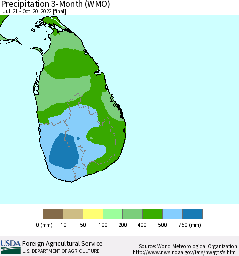Sri Lanka Precipitation 3-Month (WMO) Thematic Map For 7/21/2022 - 10/20/2022