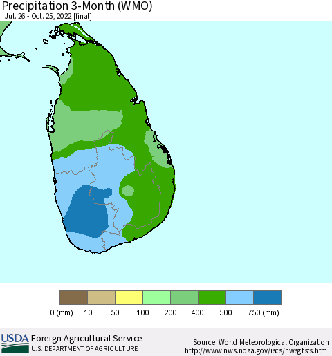 Sri Lanka Precipitation 3-Month (WMO) Thematic Map For 7/26/2022 - 10/25/2022