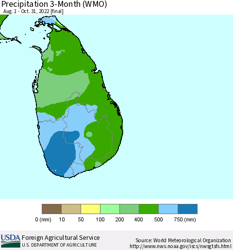 Sri Lanka Precipitation 3-Month (WMO) Thematic Map For 8/1/2022 - 10/31/2022
