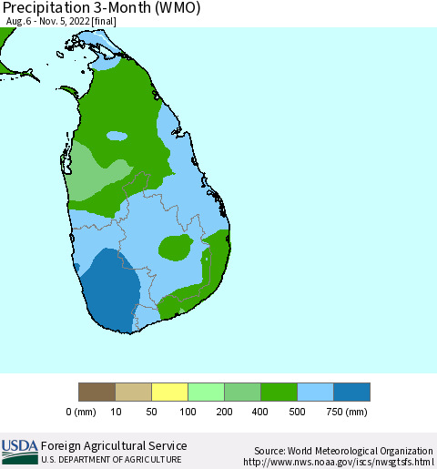 Sri Lanka Precipitation 3-Month (WMO) Thematic Map For 8/6/2022 - 11/5/2022