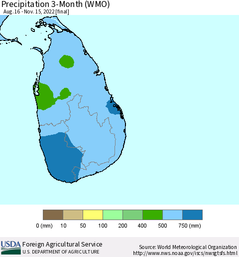 Sri Lanka Precipitation 3-Month (WMO) Thematic Map For 8/16/2022 - 11/15/2022