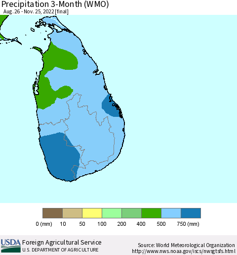 Sri Lanka Precipitation 3-Month (WMO) Thematic Map For 8/26/2022 - 11/25/2022