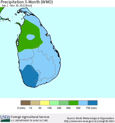 Sri Lanka Precipitation 3-Month (WMO) Thematic Map For 9/1/2022 - 11/30/2022