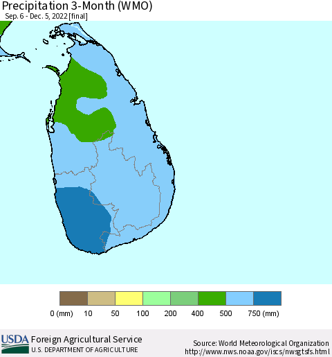 Sri Lanka Precipitation 3-Month (WMO) Thematic Map For 9/6/2022 - 12/5/2022