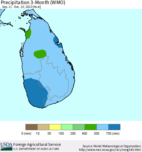 Sri Lanka Precipitation 3-Month (WMO) Thematic Map For 9/11/2022 - 12/10/2022
