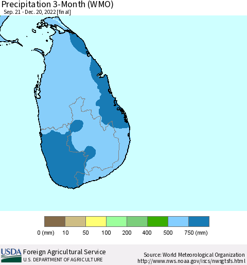 Sri Lanka Precipitation 3-Month (WMO) Thematic Map For 9/21/2022 - 12/20/2022