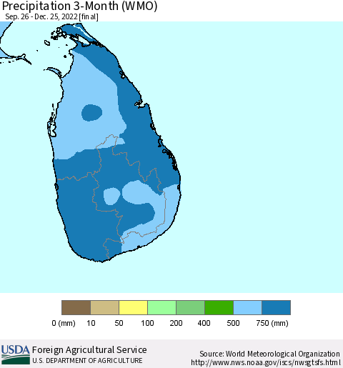 Sri Lanka Precipitation 3-Month (WMO) Thematic Map For 9/26/2022 - 12/25/2022