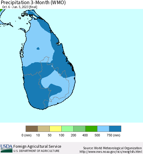 Sri Lanka Precipitation 3-Month (WMO) Thematic Map For 10/6/2022 - 1/5/2023