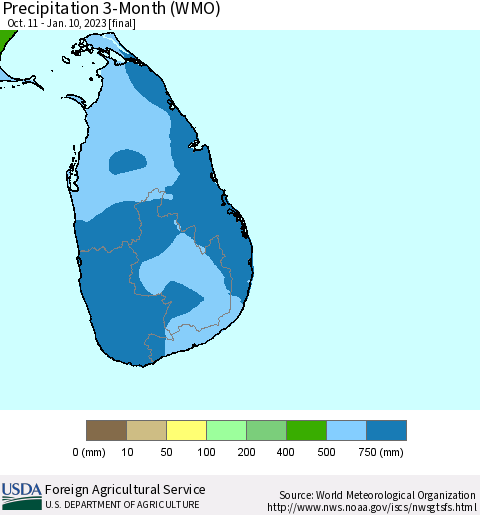 Sri Lanka Precipitation 3-Month (WMO) Thematic Map For 10/11/2022 - 1/10/2023
