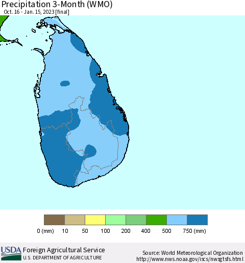 Sri Lanka Precipitation 3-Month (WMO) Thematic Map For 10/16/2022 - 1/15/2023