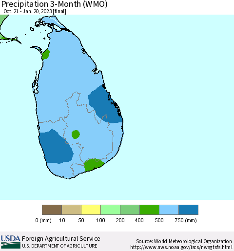Sri Lanka Precipitation 3-Month (WMO) Thematic Map For 10/21/2022 - 1/20/2023