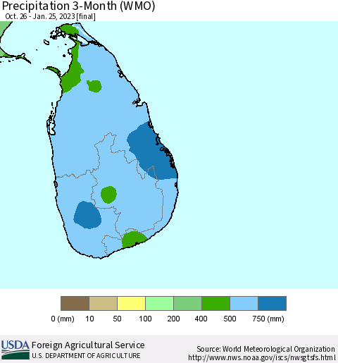 Sri Lanka Precipitation 3-Month (WMO) Thematic Map For 10/26/2022 - 1/25/2023