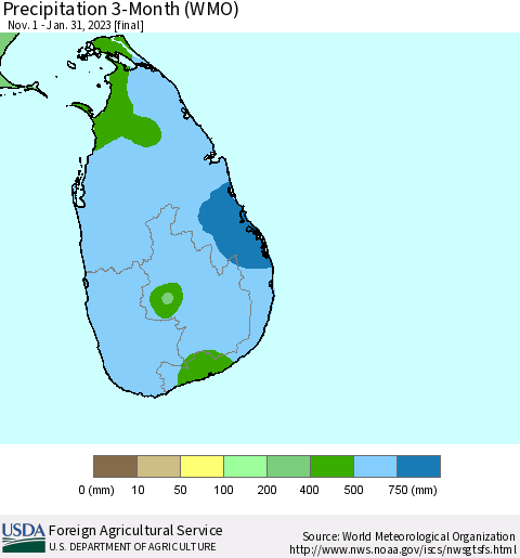 Sri Lanka Precipitation 3-Month (WMO) Thematic Map For 11/1/2022 - 1/31/2023