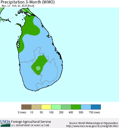 Sri Lanka Precipitation 3-Month (WMO) Thematic Map For 11/11/2022 - 2/10/2023