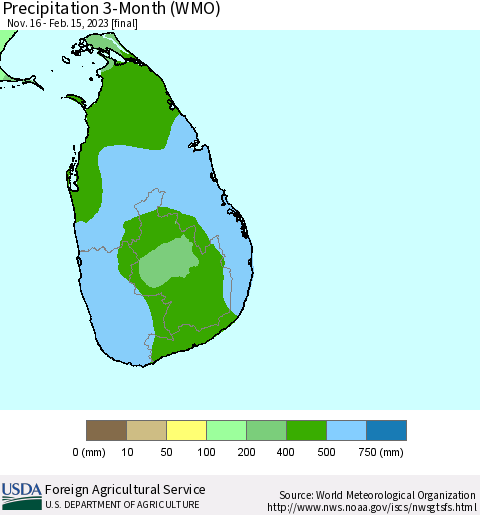 Sri Lanka Precipitation 3-Month (WMO) Thematic Map For 11/16/2022 - 2/15/2023