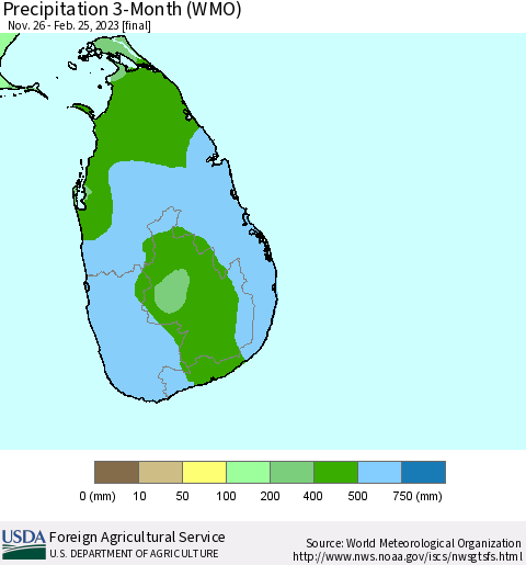 Sri Lanka Precipitation 3-Month (WMO) Thematic Map For 11/26/2022 - 2/25/2023