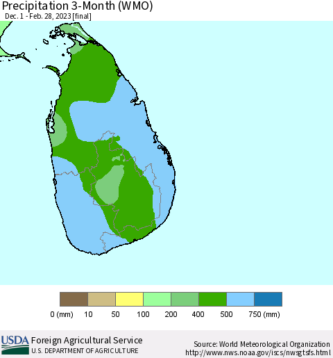 Sri Lanka Precipitation 3-Month (WMO) Thematic Map For 12/1/2022 - 2/28/2023